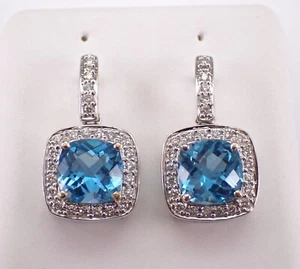 18K White Gold Blue Topaz and Diamond Halo Dangle Earrings Jewelry Gemstone Gift - Picture 1 of 6