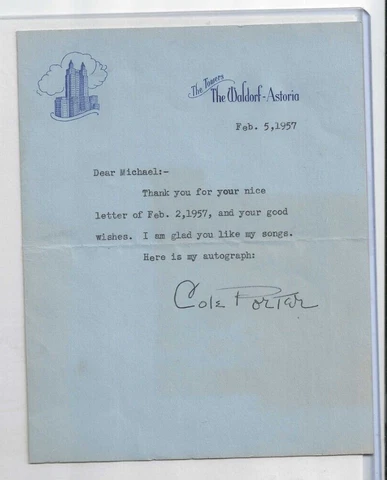 Cole Porter Composer Songwriter Autographed 5x7 Typed Letter JSA COA Cover