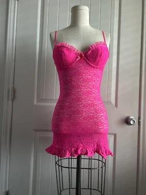 Babydoll de encaje neón rosa cierre corsé lencería vestido para dormir San Valentín pequeño Foto 1 de 4