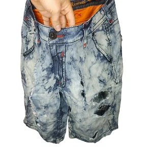 Heavily TRASHED Rock Revival Shorts Herren 42 Tie Dye Acid Wash Light Denim LESEN - Bild 1 von 19