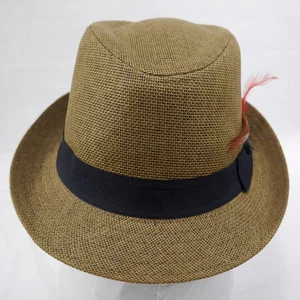 D&Y Mens Straw Trilby Fedora Summer Beach Sun Hat Black Band with Feathers OSFM - Picture 1 of 15
