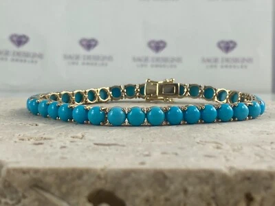 绿松石网球手链 14K 金色黄色纯色 20.70 克拉天然认证 — 第 1/4 张图片