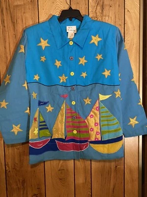 NWT QUACKER FACTORY 2X Embroidered Appliqued Turquoise Blue Jacket Nautical - Image 1 of 4
