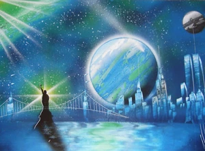 Arte de pintura en aerosol original panorama de la ciudad de Nueva York - Imagen 1 de 5