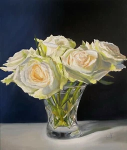 Original painting large canvas 20x24 inch White Roses Floral Still Life J Smith. - Picture 1 of 3