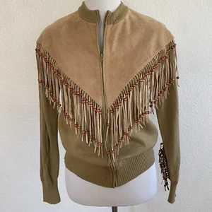 VTG Miller Outerwear Full Zip Sweater M Tan Suede Leather Fringe Beads Western - Picture 1 of 15