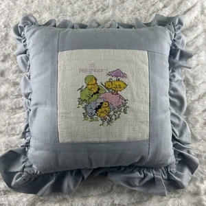 Vintage Cross Stitch Handmade Pillow Blue Ruffles Easter Chicks "Hi Neighbor" - Picture 1 of 10