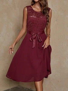 Dresses for Women 2024 Contrast Lace Belted Dress (Color : Burgundy, Size : Smal - Picture 1 of 6