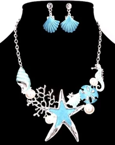 Silver and Teal Blue Starfish Sand Dollar Shell Seahorse Necklace & Earrings Set - Picture 1 of 3
