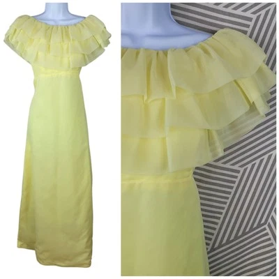 Vintage 60s Prom Dress Sz XS Small Hostess Maxi Ruffle Top Bright Yellow Long - Image 1 of 4