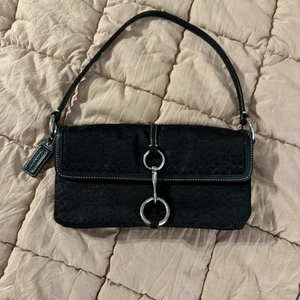 Coach Canvas Metallic Print Mini Baguette Bag OS Black with Silver Chrome Trim - Picture 1 of 14