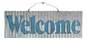 Wavy Waffle Tin with Blue Burlap Welcome Sign 19 Inch Wall Decor - Picture 1 of 2