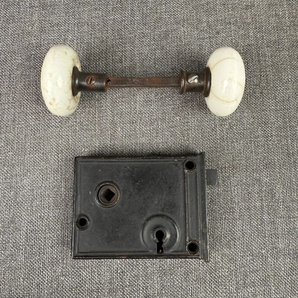 Antique Victorian Porcelain Door Knob Set with Mortise Lock Vintage Hardware - Image 1 of 4