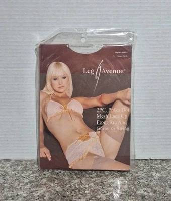 Sujetador Leg Avenue de malla de lunares con cordones delanteros y liga tanga, M/L Naranja Blanco Foto 1 de 2