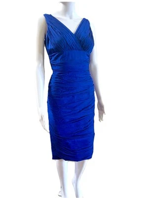 Vestido Vaina Carmen Marc Valvo Talla 6 Azul Real 100% Seda Acanalado Hasta la Rodilla Foto 1 de 4