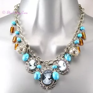 Boho Vintage Chic Silver Plated Turquoise Amber Bead Triple Cameo Charm Necklace - Picture 1 of 4