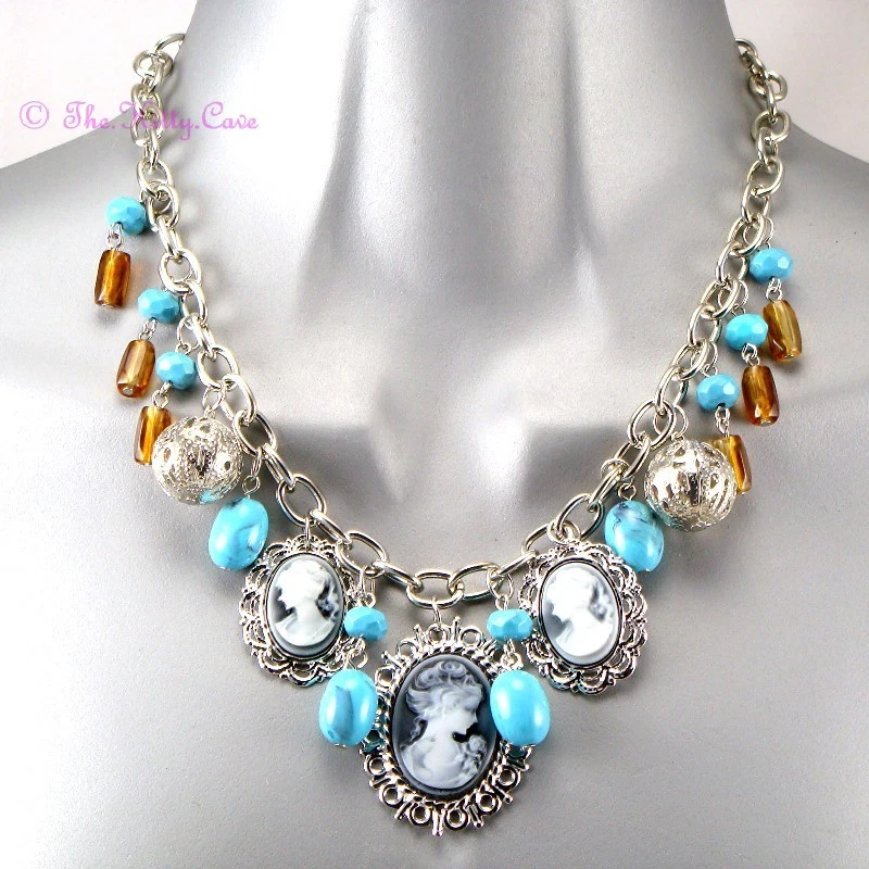 Collar Boho Vintage Chic Plateado Turquesa Ámbar Cuentas Triple Camafeo Dije Foto 1 de 4