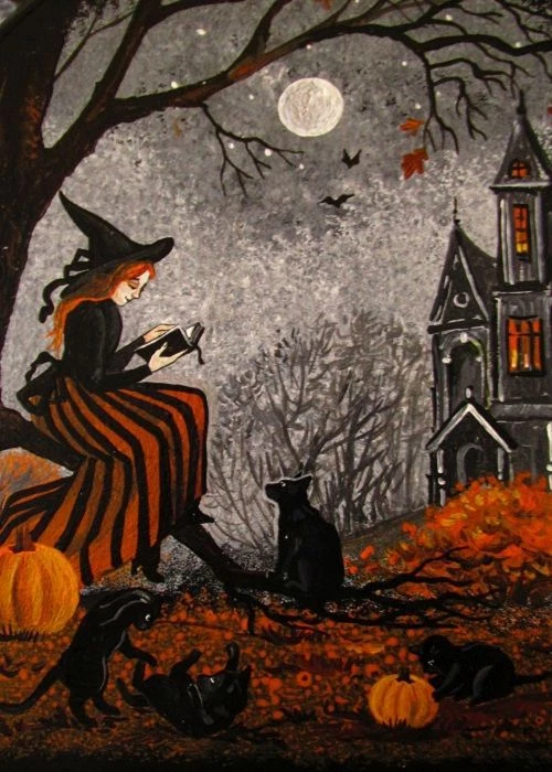 5x7 PRINT OF PAINTING RYTA HALLOWEEN WITCH BLACK CAT VINTAGE STYLE FOLK ART 🍁