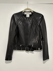 Rare Vintage Christian Dior Black Leather Biker Belted Moto Jacket Size 40 US 8 - Picture 1 of 18