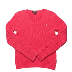 Lauren Ralph Lauren Cable Knit V Neck Sweater Womens Size M Pink/Red Cozy Preppy - Picture 1 of 8