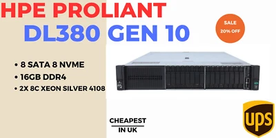 HPE ProLiant DL380 Gen10 8SATA 8NVMe: 2x 8C Xeon Silver 4108 16GB RAM G10 Server - Image 1 of 4