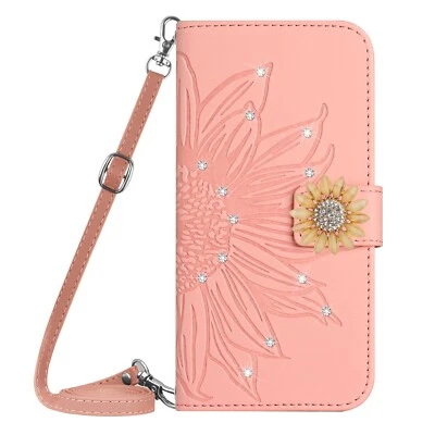 Crossbody Diamond Sunflower Flip Card Wallet Bag Stand Case For Various Phone - Image 1 of 4