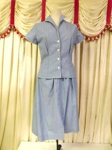 Vintage 1980's Blue Pinstripe Outfit Skirt and Blouse Waist 30" ) - Picture 1 of 15