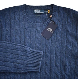 POLO RALPH LAUREN Navy LAVORATO A MAGLIA 100% CASHMERE Maglione girocollo da uomo XXL/2XL - Foto 1 di 11