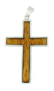 925 Sterling Silver Natural Hawaiian Koa Wood Pendant - Jesus Cross - Picture 1 of 1