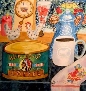 WATERCOLOR 8x8 ORIGINAL Framed Vintage Style Clock Antique Cafe Coffee Kitchen - Picture 1 of 9