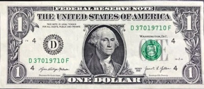 $1 Bill Birthday Note March 7, 1971 Fancy Serial Number D37019710F - Image 1 of 4