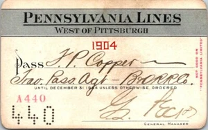 1904 Travel Pass Pennsylvania Lines West of Pittsburg Employee Pass Copper - Picture 1 of 2