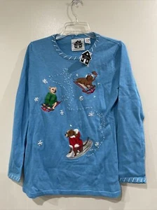 Vtg Storybook Knits Pullover Sweater Blue Size S Christmas Dogs Sledding - Picture 1 of 12