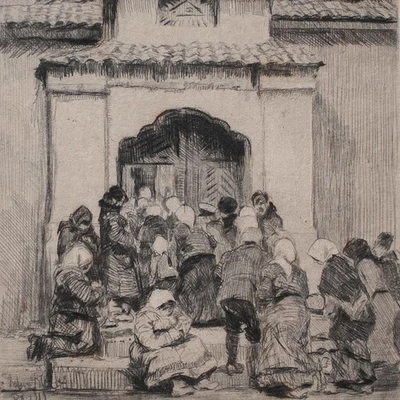 Richard Bloos Bettler Benediktinerabtei Düsseldorfer Schule sign Radierung 1919 - Bild 1 von 3