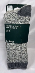 NWT LL Bean Merino Wool Ragg XL Gray Sock Two Pair 10 Inch M12-15 Made In USA - Picture 1 of 11
