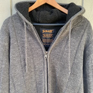SCHOTT NYC Wool Heavyweight Sherpa Cable Knit Sweater L Army Spec Hooded - Picture 1 of 15