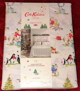Cath Kidston London Queen Bettwäsche Set flach Spannbetttuch 2 Etuis Weihnachten Tiere creme - Bild 1 von 21