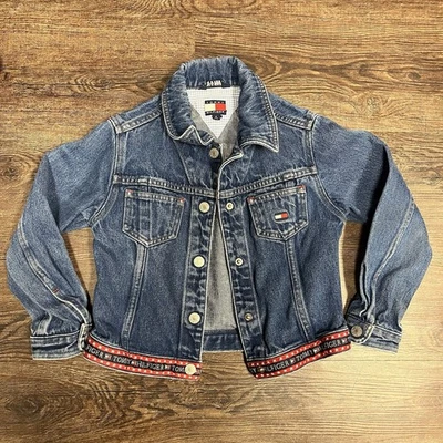 Jaqueta jeans Tommy Hilfiger vintage anos 90 juvenil pequena bandeira logotipo meninas pequenas - Imagem 1 de 4