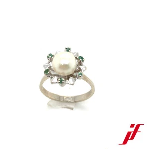 Ring in 585/- Weißgold mit 1 Akoyaperle und 6 Smaragde - Bild 1 von 3