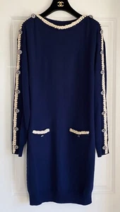 $3100 CHANEL 16C PARIS-SEOUL NAVY BLUE CC BUTTONS KNIT SWEATER DRESS 42 - Picture 1 of 10