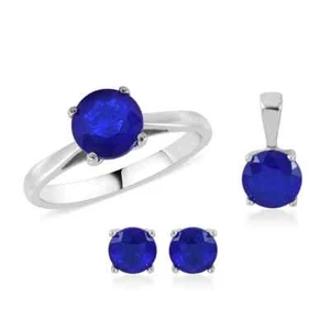 Suite!! Blue Spinel Ring, Earrings & Pendant Platinum Plated Sterling Size 7 - Picture 1 of 7