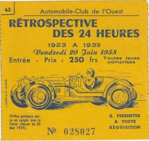 1958 Retrospectiva Des Le Mans 24 horas entrada general boleto pase talón - Imagen 1 de 2