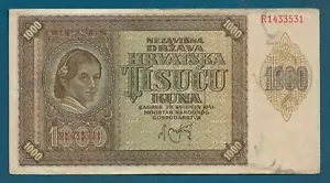 1000 Kuna 1941. Kroatische Banknoten NDH Ustasa Zweiter Weltkrieg Deutschland Italien, Hrvatska! - Bild 1 von 2
