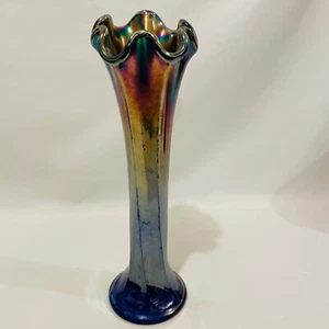 Fenton 6-seitige kobaltblau irisierende Carnival Glas geschwungene Vase geraffter Rand 11" - Bild 1 von 7