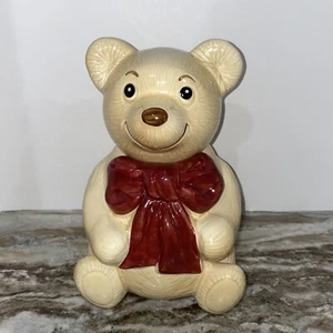 Pajarita vintage Metlox California EE. UU. Oso de peluche tarro de galletas cinta roja - Imagen 1 de 9