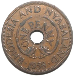 Rhodesia and Nyasaland One Penny Coin 1958 KM# 2 QEII Elephants 1 - Picture 1 of 2