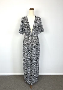 NEW Boohoo Dress M Black White Print Sheer Beach Kaftan Long Side Splits Boho - Picture 1 of 14