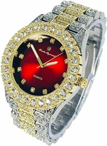 Men's Hip Hop Iced Two Tone Rapper Bling Luxury Red Dial Bust Down Metal Watch - Picture 1 of 3