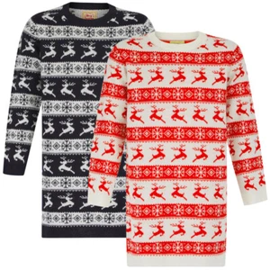 Girls Christmas Jumper Dress Nordic Fair Isle Reindeer Knitted Xmas Sweater Long - Picture 1 of 7