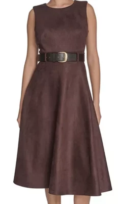NWT Calvin Klein Scuba Suede Belted Midi Dress, sz 6, Coffee Bean, $139 - Image 1 of 4
